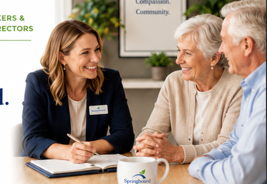 A senior living advisor meeting with an older couple